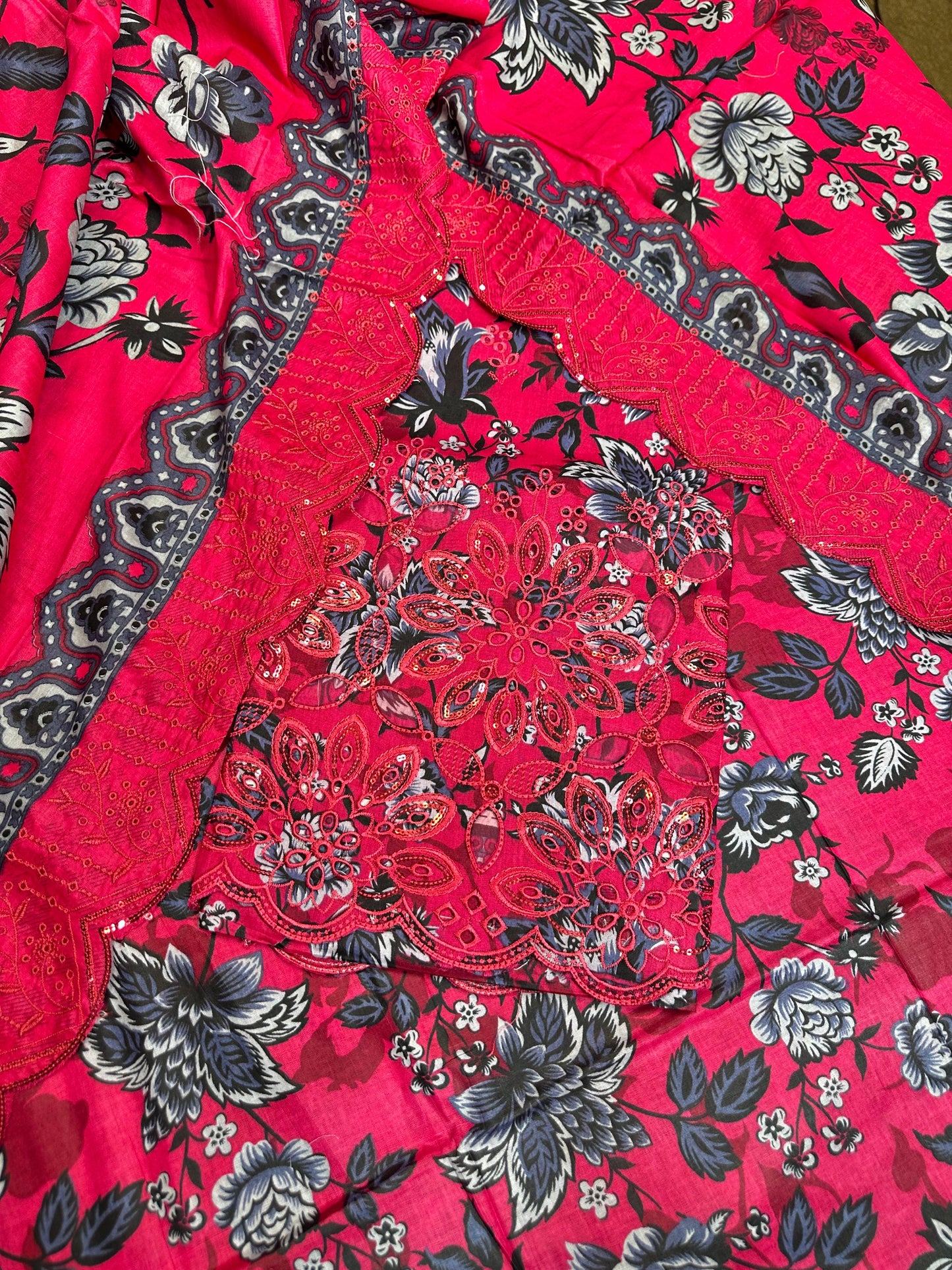 Red-Black Printed Chikan Kari 3 Pcs