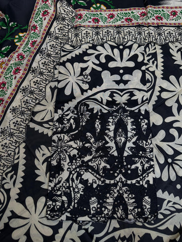 Black-White Printed Chikan Kari 3 Pcs
