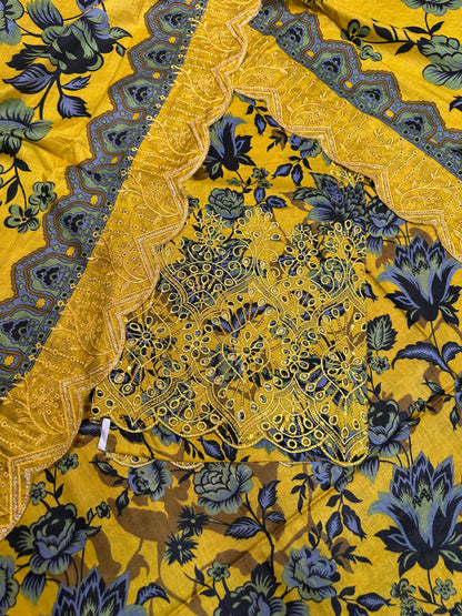 Yellow-Black Printed Chikan Kari 3 Pcs