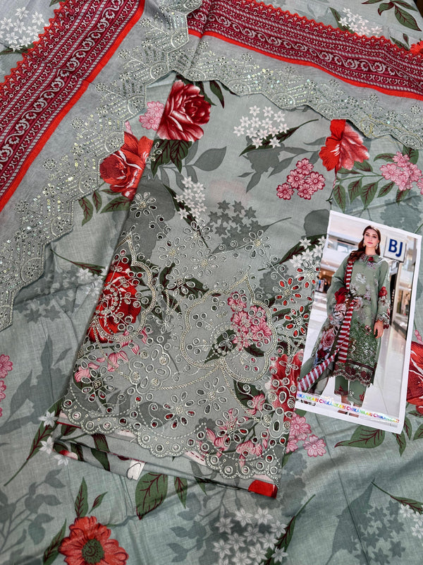 Pista Green Printed Chikan Kari 3 Pcs