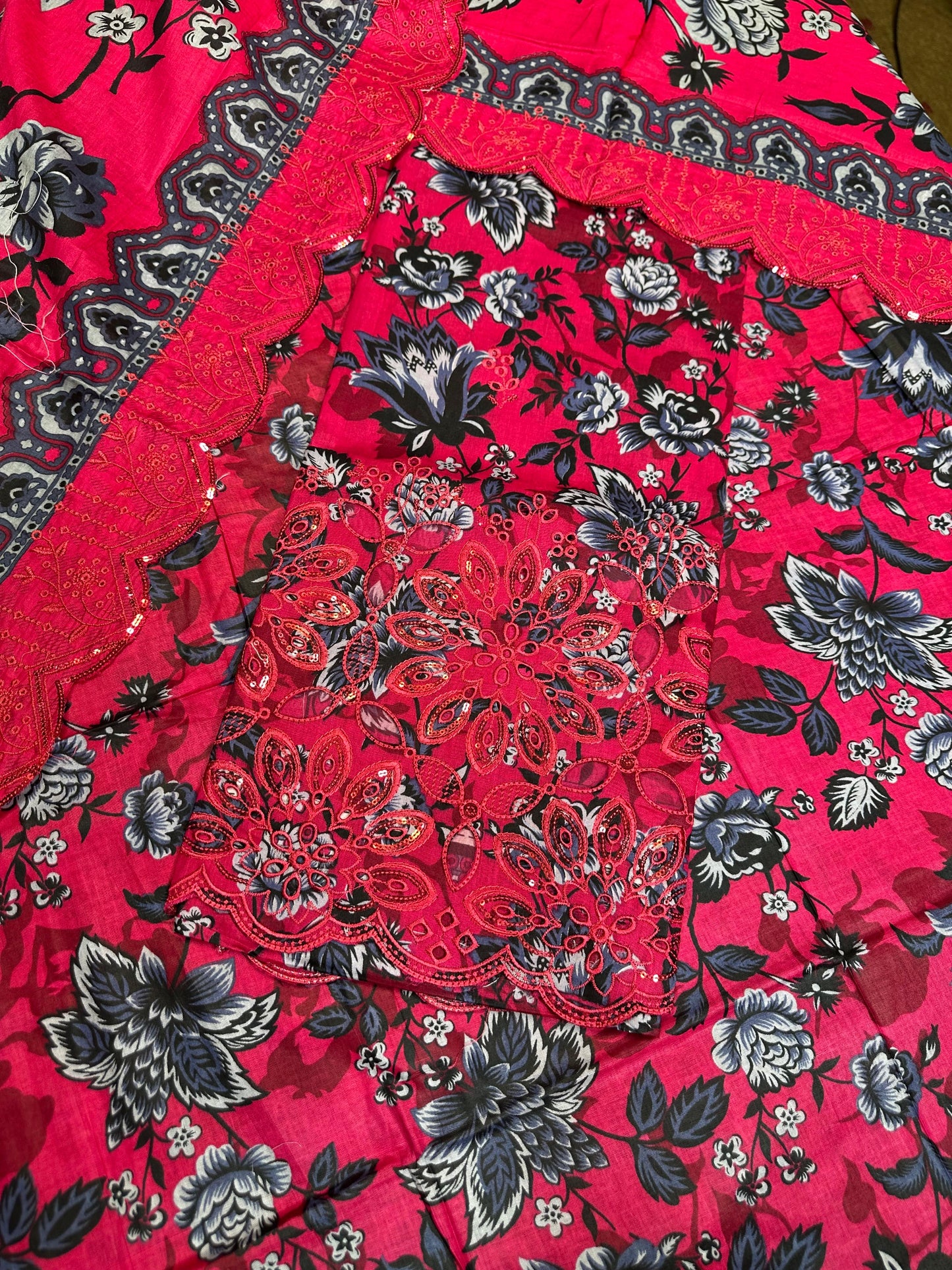 Red-Black Printed Chikan Kari 3 Pcs