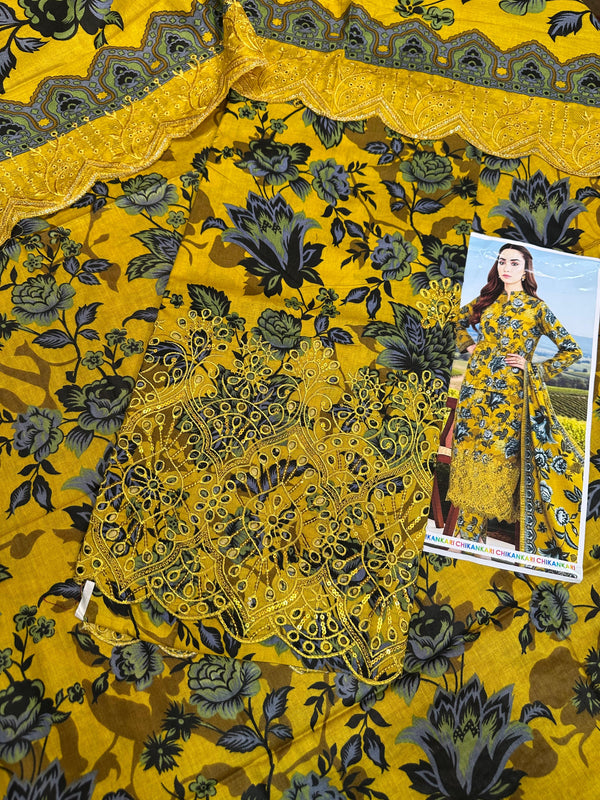 Yellow-Black Printed Chikan Kari 3 Pcs